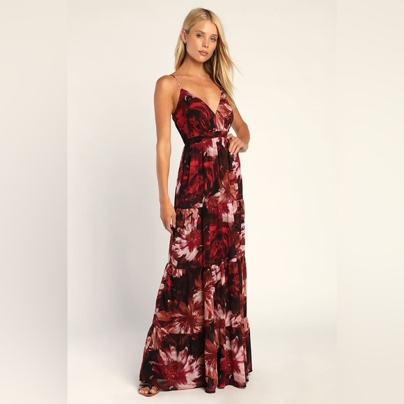 Lulus Dresses & Skirts - Lulu’s S Gorgeous Blooms Burgundy Tiered Maxi Dress As Is
